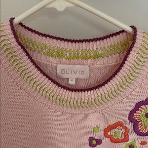 Pink and Green Crew Neck Sweater with Decorative Trim